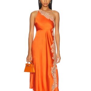 A.L.C. One-Shoulder Orange Satin Dress with Cream Lace Trim